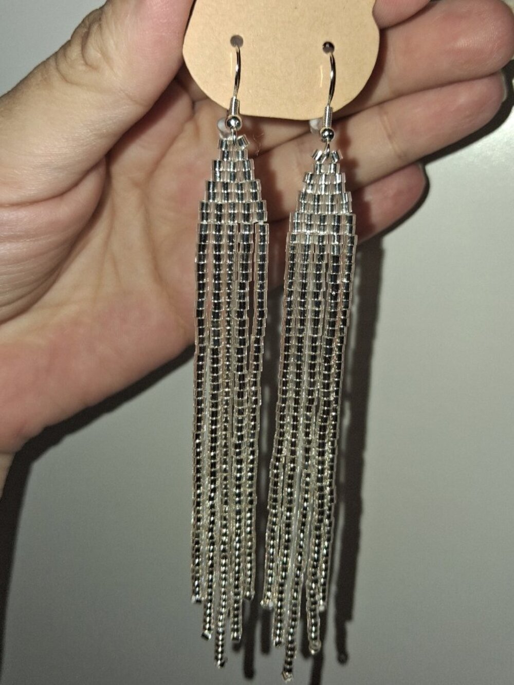 ✨ NWT Handmade Beaded Silver Fringe Earrings Liquid Metal Long Statement ✨
